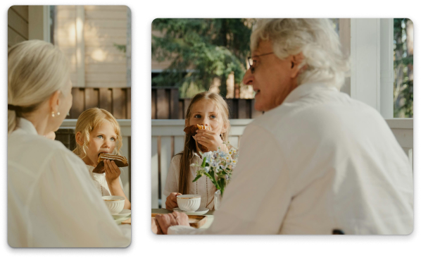 Two scenes showing an elderly woman and a young girl enjoying tea and treats together.